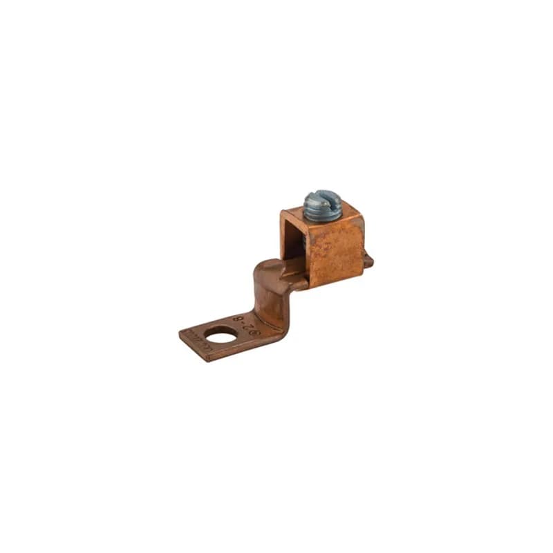 Copper Solderless Lug 2-8 AWG Made of 99.98 pure electrolytic copper. Steel-plated screws to prevent rusting. 25 to 70 ampere size have slotted head screws. Larger sizes have hex head screws. Rated 600 volts max. UL 486 Listed. Temperature rating 90 degrees C.