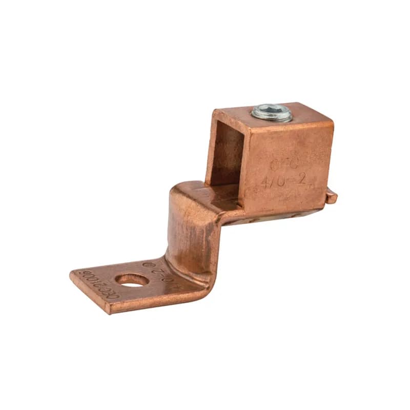 Copper Solderless Lug 4/0-2 AWG Made of 99.98 pure electrolytic copper. Steel-plated screws to prevent rusting. 25 to 70 ampere size have slotted head screws. Larger sizes have hex head screws. Rated 600 volts max. UL 486 Listed. Temperature rating 90 degrees C.