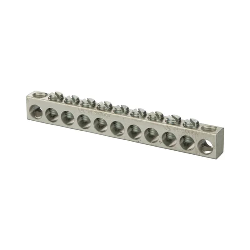 Aluminum Multiple Connector 4-14 AWG 11 Holes Multiple connectors are made from eithercopper or aluminum bar and can be used ina variety of neutral and grounding applications.Tin plated forlow contact resistance and are suitable foruse with copper or aluminum conductors.
