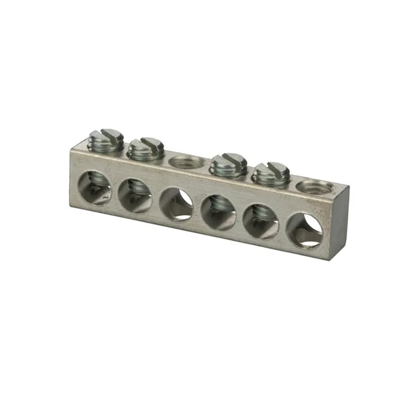Aluminum Multiple Connector 4-14 AWG with 6 Holes and 4 circuits is made from aluminum bar and can be used in a variety of neutral and grounding applications.Tin plated for low contact resistance and is suitable for use with copper or aluminum conductors.