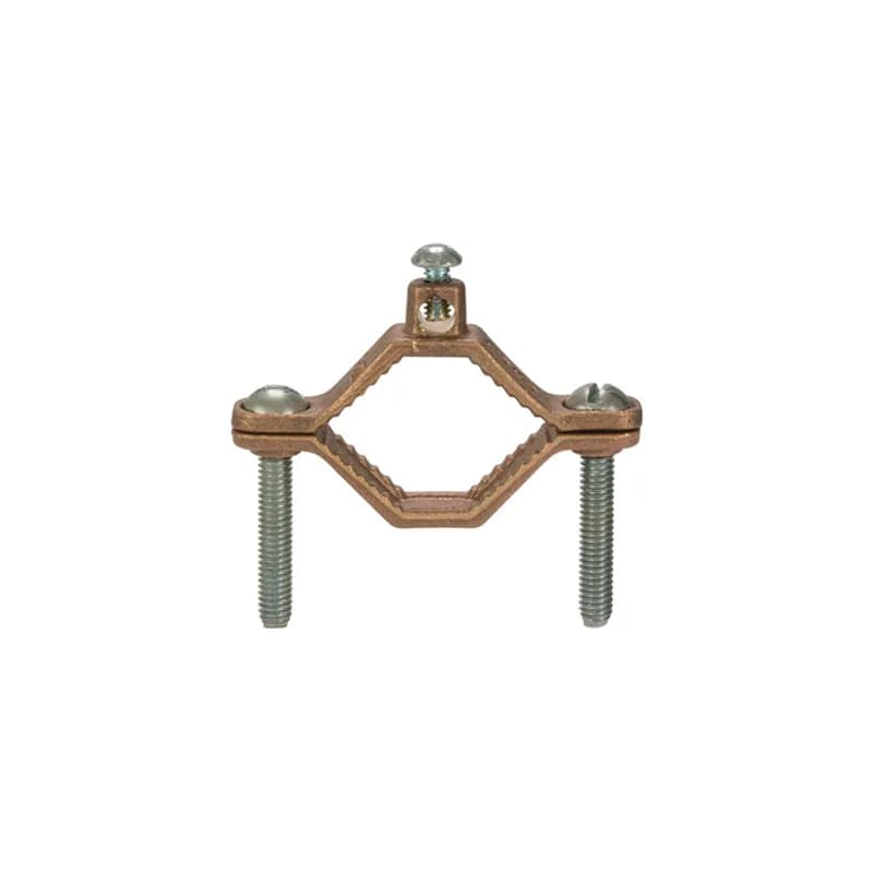 The NSI G-2-S Bronze Ground Clamp for Water Pipe grips on water pipes between 1-1/4" to 2" in diameter for quick and easy assembly. The zinc-plated steel screws and cast bronze clamp body are made of economical, high-quality metals that provide durable performance in a range of applications. Use this clamp to easily bond bare copper wire to a water pipe or for use as a water meter shunt. cULus Listed 467 for Grounding and Bonding. Stock products you can rely onâ€”stock NSI.