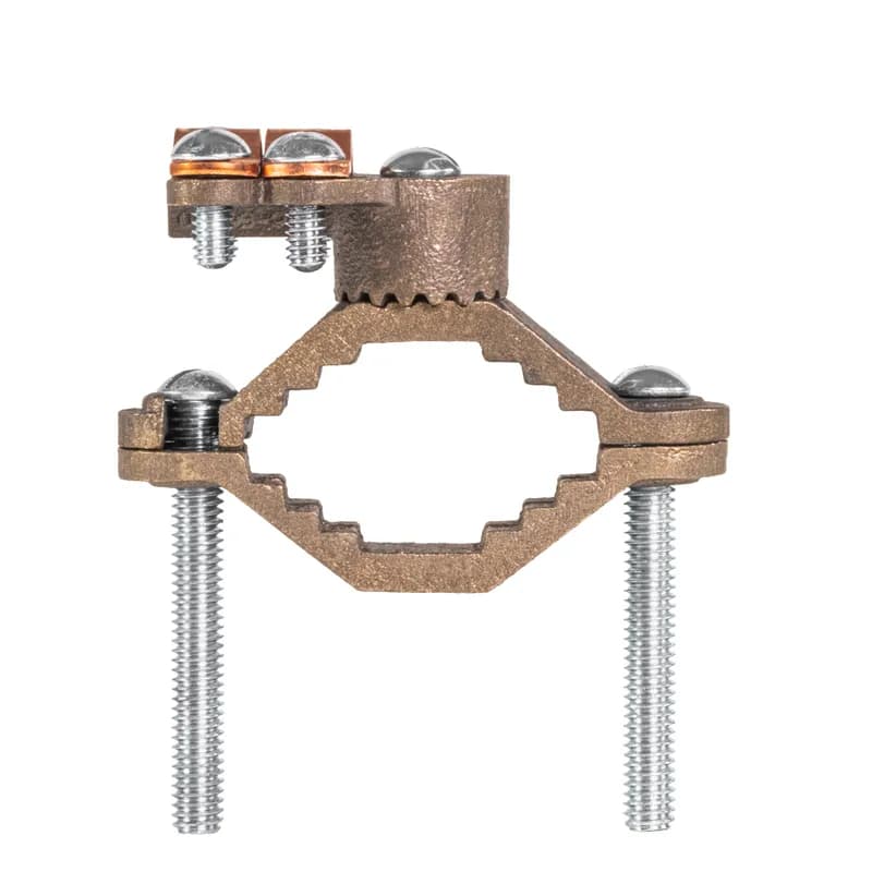 The NSI G-4 Heavy Bronze Ground Clamp with Wire Adapter grips on pipes between 1-1/4" to 2" in diameter and features a wire adapter that swings 360 degrees to make alignment simple. Heavy duty bronze adapters have serrations that match the serrations on the ground clamp, assuring a positive lock. The zinc-plated steel screws and bronze clamp body are made of tough, high-quality metals that provide durable performance in a range of applications. Use this clamp to connect grounding conductor to rigid conduit on water pipe. UL Listed 467 for Grounding and Bonding. Stock products you can rely onâ€”stock NSI.