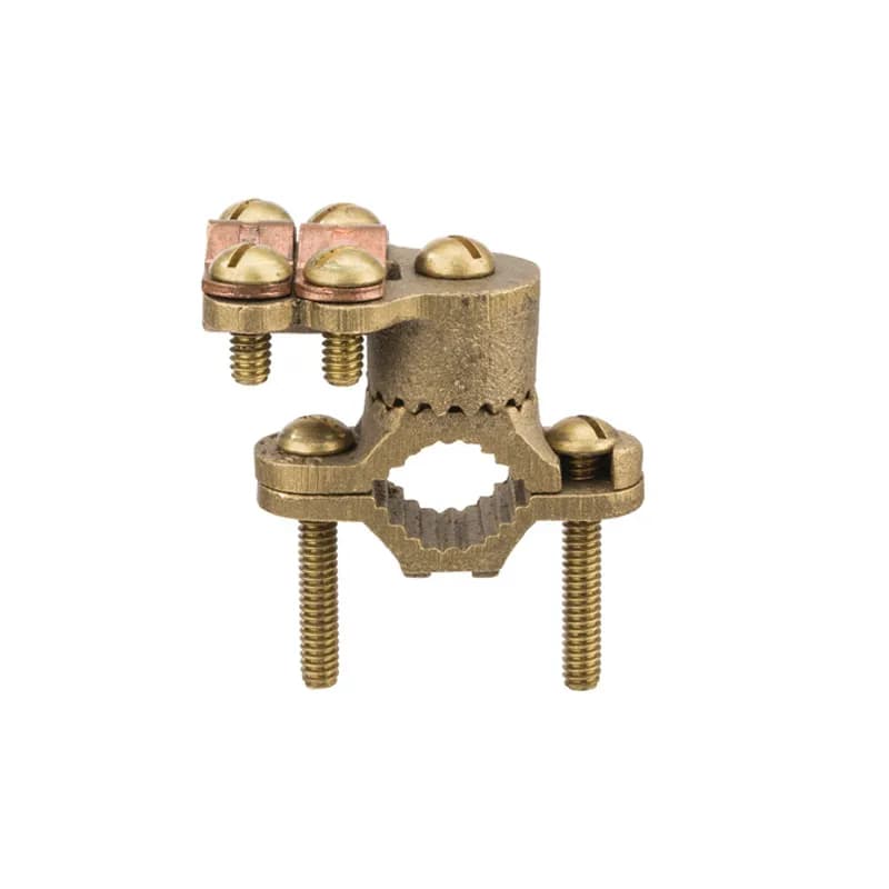 The NSI G-3BS Heavy Bronze Ground Clamp with Wire Adapter grips on pipes between 1/2" to 1" in diameter and features a wire adapter that swings 360 degrees to make alignment simple. Heavy duty bronze adapters have serrations that match the serrations on the ground clamp, assuring a positive lock. The brass screws and bronze clamp body are made of tough, high-quality metals that provide durable performance in a range of applications. Use this clamp to connect grounding conductor to rigid conduit on water pipe. cULus Listed 467 for Grounding and Bonding. Stock products you can rely onâ€”stock NSI.
