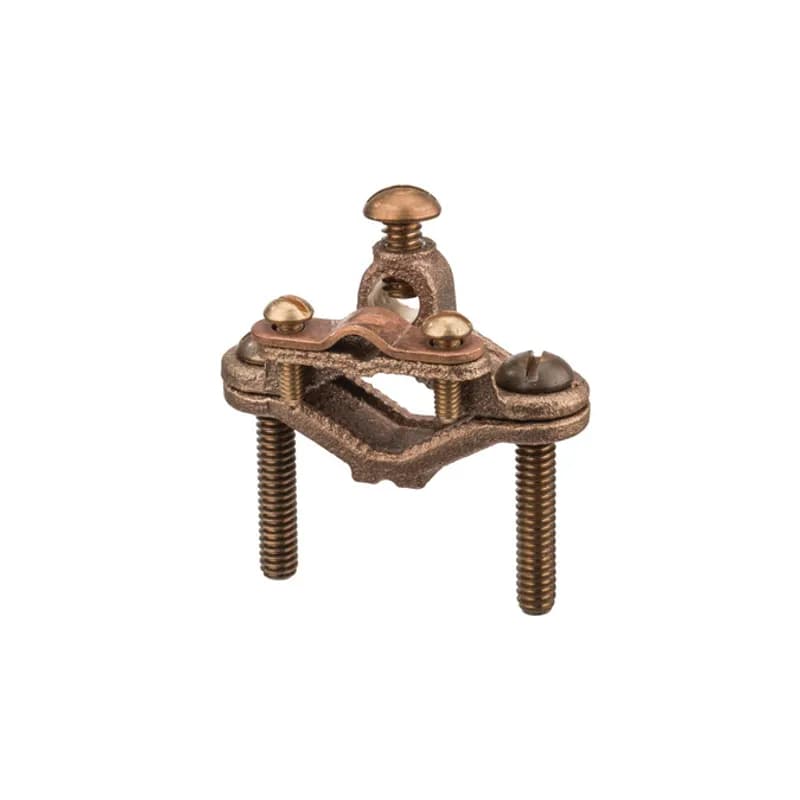 The NSI G-20DB Heavy Duty Bronze Ground Clamp with Wire Adapters grips on pipes between 1/2" to 1" in diameter and features a special pressure bar for grasping cable armor thereby reducing the chances of grounding conductor being pulled out. The silicon bronze screws and bronze clamp body are made from tough, high-quality metals that provide durable performance in a range of applications. Use this clamp to connect 4, 6, or 8 STR ground wire to copper water pipe. UL Listed for direct burial in both earth and concrete and well as UL Listed 467 for Grounding and Bonding. Stock products you can rely onâ€”stock NSI.