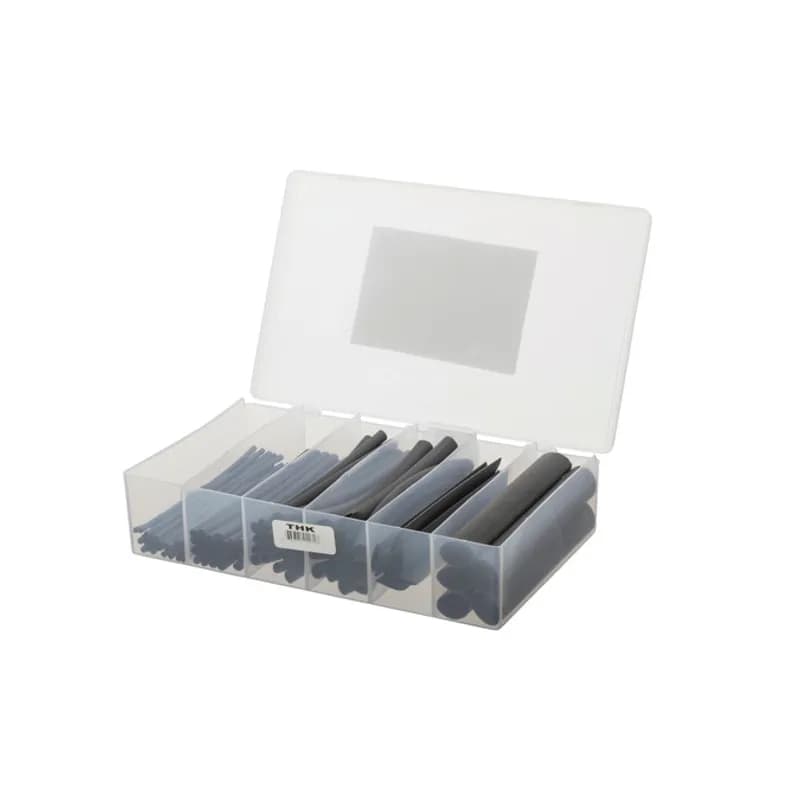 NSI Industries THK - Easy-Splice Thin-Wall Heat Shrink Kit Kits have been carefully constructed to include the most common sizes and types in their category. The cases are made of extremely durable polypropylene and have heat sealed hinges. Kits provide the ultimate in organization and convenience and are clearly labeled on the inside lid for easy recognition. Convenient size for easy carrying and easy starting. KIT CONTAINS: Quantity SKU Expanded I.D. Recovered I.D. Nominal Recovered Wall Thickness Color 25 TWHS-125-6 .125 .062 .020 Black 25 TWHS-187-6 .187 .093 .020 Black 20 TWHS-250-6 .250 .125 .025 Black 12 TWHS-375-6 .375 .187 .025 Black 7 TWHS-500-6 .500 .250 .025 Black 5 TWHS-750-6 .750 .375 .030 Black