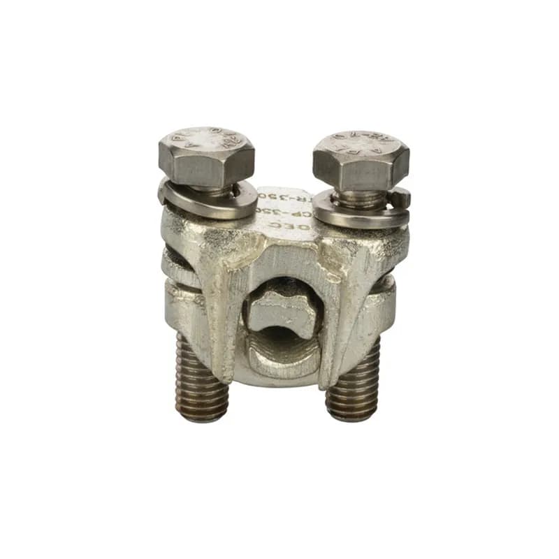 NSI Industries TCP350 - Two-Bolt, Tin-plated Bronze Plated Tap Connector 350 MCM - 4/0 STR Main and 350 MCM - 4 SOL Tap. Two-bolt bronze plated tap connectors are made of high strength bronze for heavy duty connections. For use with copper, aluminum and steel conductors.