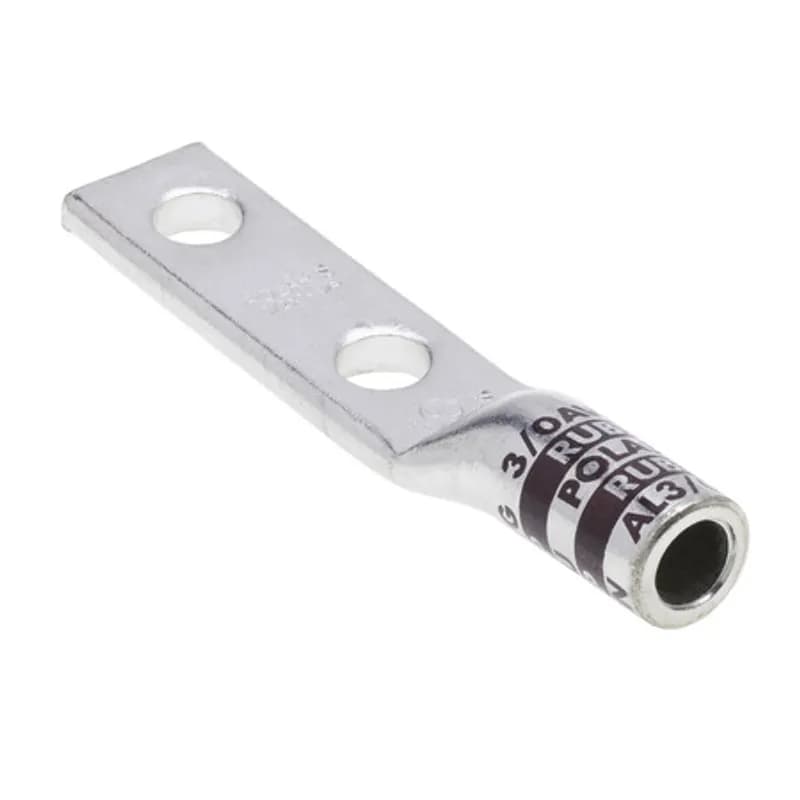 2HoleStandard BarrelAluminum Compression Lug 3/0 AWG -1/2 Bolt Standard BarrelAluminum Compression Lugs is a type ofaluminum compression connector that is produced from high conductivityaluminum tubing.Center stop assures proper cable installation.They are tin-plated to provide corrosion resistance and are marked with die index and color coded for easy reference. Listed for 35KV maximum when properly installed.