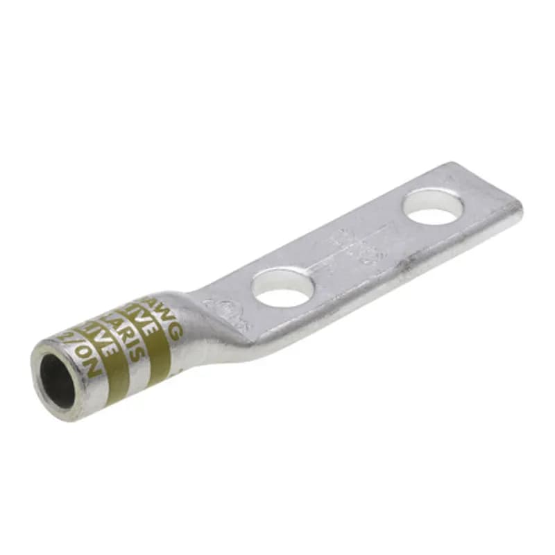 NSI Industries AL2/0N - 2HoleStandard BarrelAluminum Compression Lug 2/0 AWG -1/2 Bolt Standard BarrelAluminum Compression Lugs is a type ofaluminum compression connector that is produced from high conductivityaluminum tubing.Center stop assures proper cable installation.They are tin-plated to provide corrosion resistance and are marked with die index and color coded for easy reference. Listed for 35KV maximum when properly installed.