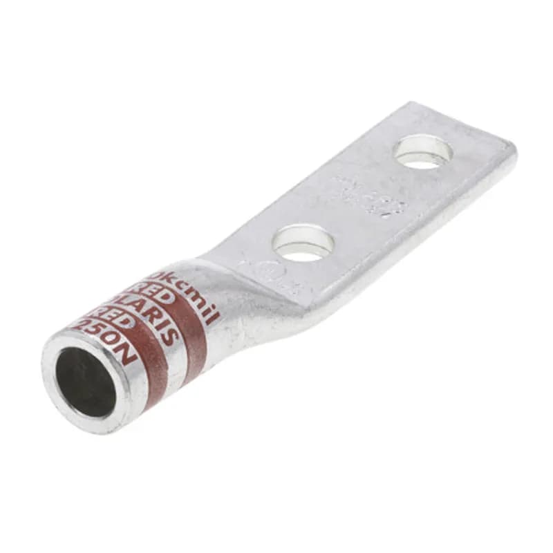 2HoleStandard BarrelAluminum Compression Lug 250 MCM -1/2 Bolt Standard BarrelAluminum Compression Lugs is a type ofaluminum compression connector that is produced from high conductivityaluminum tubing.Center stop assures proper cable installation.They are tin-plated to provide corrosion resistance and are marked with die index and color coded for easy reference. Listed for 35KV maximum when properly installed.