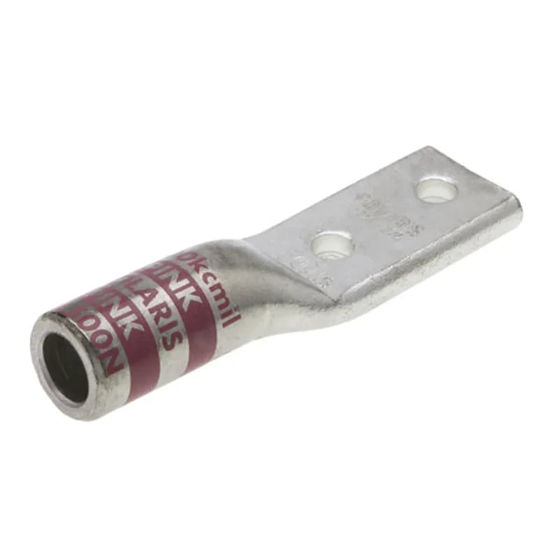 2HoleStandard BarrelAluminum Compression Lug 500 MCM -1/2 Bolt Standard BarrelAluminum Compression Lugs is a type ofaluminum compression connector that is produced from high conductivityaluminum tubing.Center stop assures proper cable installation.They are tin-plated to provide corrosion resistance and are marked with die index and color coded for easy reference. Listed for 35KV maximum when properly installed.