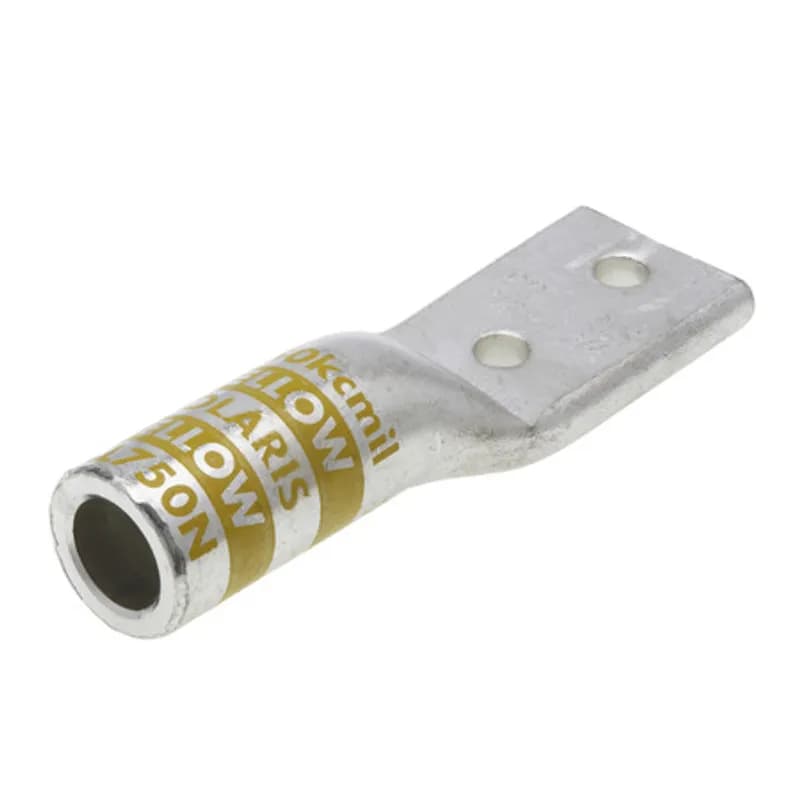 2HoleStandard BarrelAluminum Compression Lug 750 MCM -1/2 Bolt Standard BarrelAluminum Compression Lugs is a type ofaluminum compression connector that is produced from high conductivityaluminum tubing.Center stop assures proper cable installation.They are tin-plated to provide corrosion resistance and are marked with die index and color coded for easy reference. Listed for 35KV maximum when properly installed.