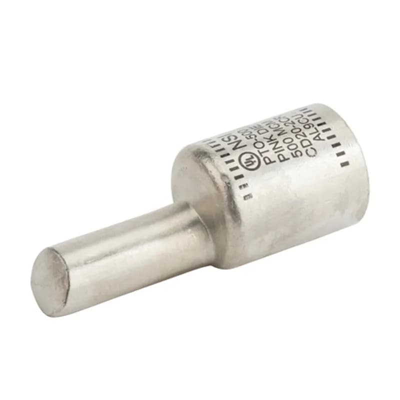 Offset Pin Terminal 500 MCM All-aluminum Pin Terminals is designed for termination of both aluminum and copper conductors. The pin is offset for use in tight spaces and for ease of installation in side-by-side terminations. The solid pin is made of aluminum and is tin-plated and pre-filled with oxide inhibitor. A cover is provided for quick installation. Rated 600 Volts.