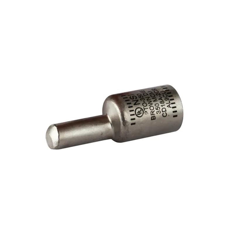 NSI Industries PTO-350 - Offset Pin Terminal 350 MCM All-aluminum Pin Terminals is designed for termination of both aluminum and copper conductors. The pin is offset for use in tight spaces and for ease of installation in side-by-side terminations. The solid pin is made of aluminum and is tin-plated and pre-filled with oxide inhibitor. A cover is provided for quick installation. Rated 600 Volts.