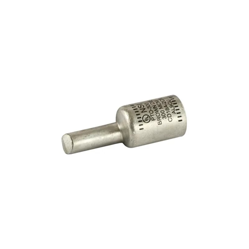 NSI Industries PTO-300 - Offset Pin Terminal 300 MCM All-aluminum Pin Terminals is designed for termination of both aluminum and copper conductors. The pin is offset for use in tight spaces and for ease of installation in side-by-side terminations. The solid pin is made of aluminum and is tin-plated and pre-filled with oxide inhibitor. A cover is provided for quick installation. Rated 600 Volts.