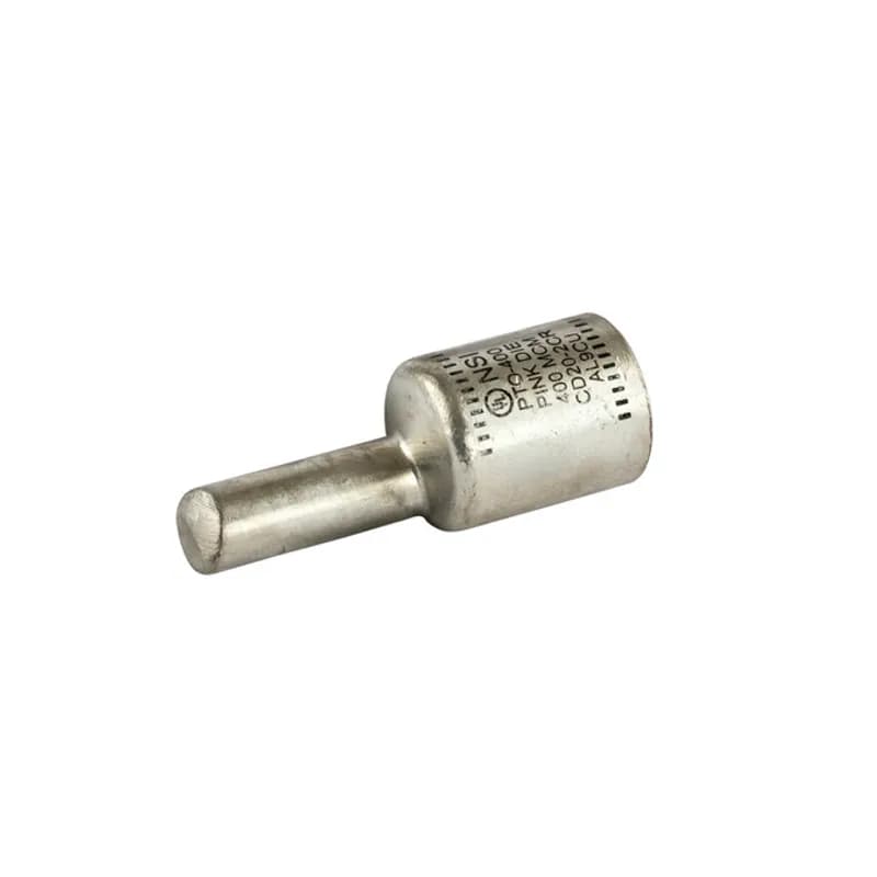 NSI Industries PTO-400 - Offset Pin Terminal 400 MCM All-aluminum Pin Terminals is designed for termination of both aluminum and copper conductors. The pin is offset for use in tight spaces and for ease of installation in side-by-side terminations. The solid pin is made of aluminum and is tin-plated and pre-filled with oxide inhibitor. A cover is provided for quick installation. Rated 600 Volts.