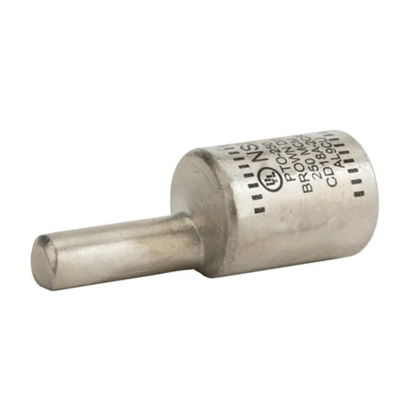 Offset Pin Terminal 250 MCM All-aluminum Pin Terminals is designed for termination of both aluminum and copper conductors. The pin is offset for use in tight spaces and for ease of installation in side-by-side terminations. The solid pin is made of aluminum and is tin-plated and pre-filled with oxide inhibitor. A cover is provided for quick installation. Rated 600 Volts.