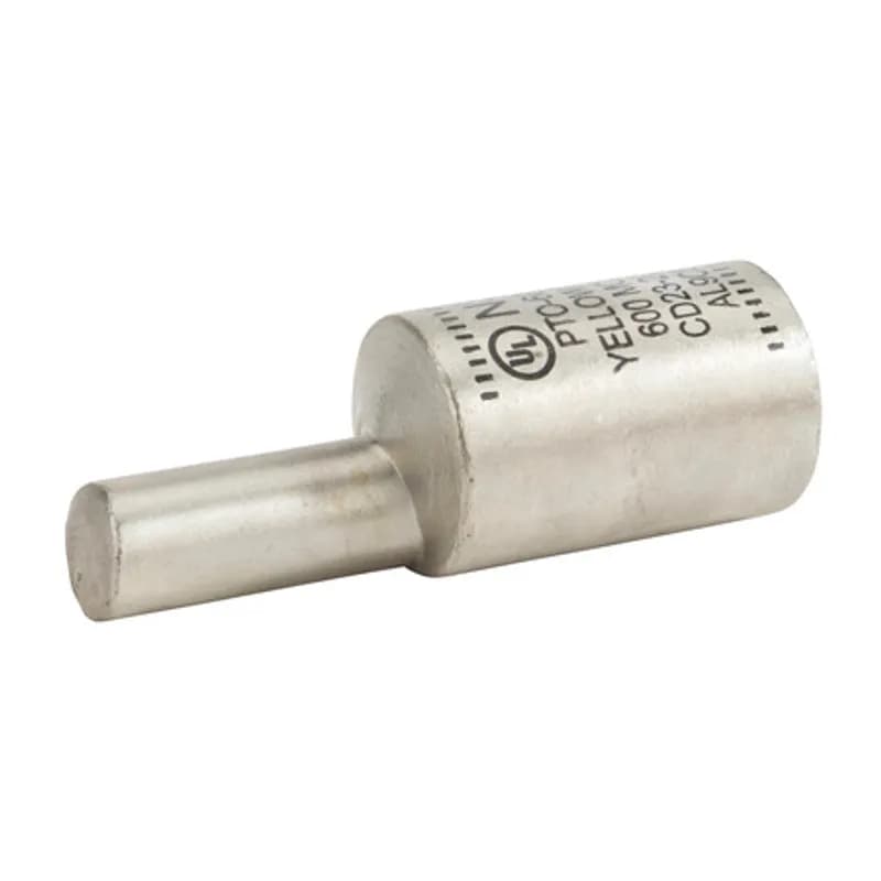 Offset Pin Terminal 600 MCM All-aluminum Pin Terminals is designed for termination of both aluminum and copper conductors. The pin is offset for use in tight spaces and for ease of installation in side-by-side terminations. The solid pin is made of aluminum and is tin-plated and pre-filled with oxide inhibitor. A cover is provided for quick installation. Rated 600 Volts.