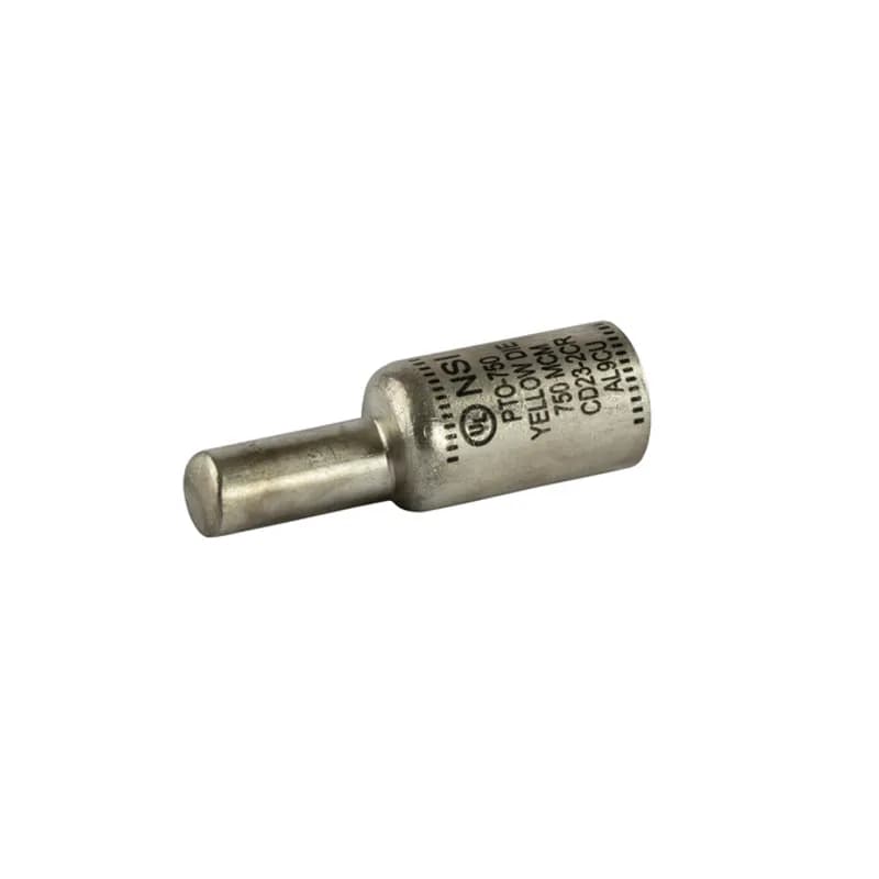 NSI Industries PTO-750 - Offset Pin Terminal 750 MCM All-aluminum Pin Terminals is designed for termination of both aluminum and copper conductors. The pin is offset for use in tight spaces and for ease of installation in side-by-side terminations. The solid pin is made of aluminum and is tin-plated and pre-filled with oxide inhibitor. A cover is provided for quick installation. Rated 600 Volts.