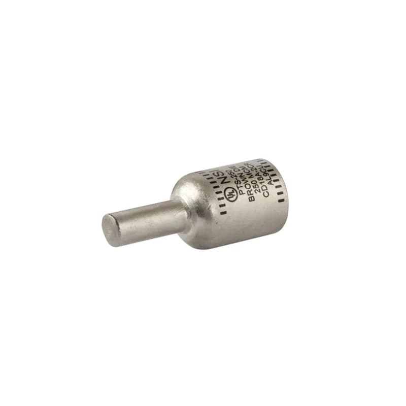 Solid Pin Terminal for Copper and Aluminum Conductors 250 MCM All-aluminum Pin Terminals is designed for termination of both aluminum and copper conductors. The solid pin is made of aluminum and is tin-plated and pre-filled with oxide inhibitor. A cover is provided for quick installation. Rated 600 Volts.
