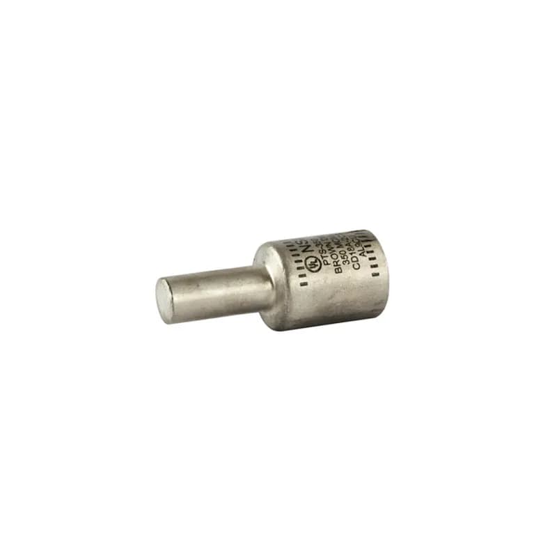 NSI Industries PTS350 - Solid Pin Terminal for Copper and Aluminum Conductors 350 MCM All-aluminum Pin Terminals is designed for termination of both aluminum and copper conductors. The solid pin is made of aluminum and is tin-plated and pre-filled with oxide inhibitor. A cover is provided for quick installation. Rated 600 Volts.