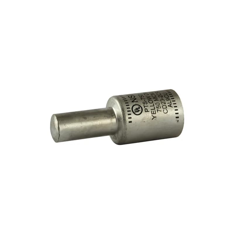 Solid Pin Terminal for Copper and Aluminum Conductors 750 MCM All-aluminum Pin Terminals is designed for termination of both aluminum and copper conductors. The solid pin is made of aluminum and is tin-plated and pre-filled with oxide inhibitor. A cover is provided for quick installation. Rated 600 Volts.