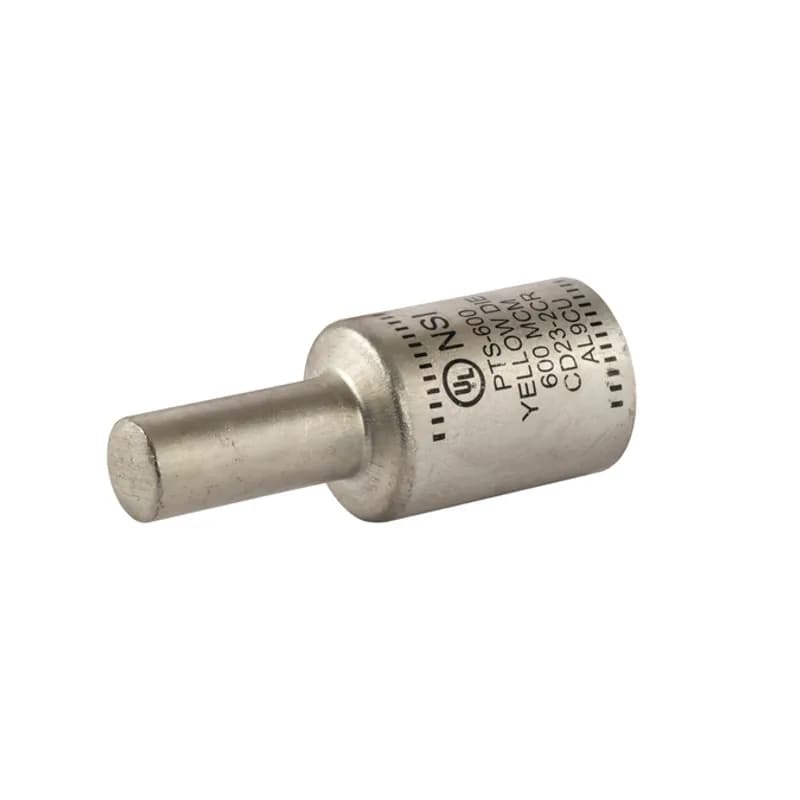 Solid Pin Terminal for Copper and Aluminum Conductors 600 MCM All-aluminum Pin Terminals is designed for termination of both aluminum and copper conductors. The solid pin is made of aluminum and is tin-plated and pre-filled with oxide inhibitor. A cover is provided for quick installation. Rated 600 Volts.