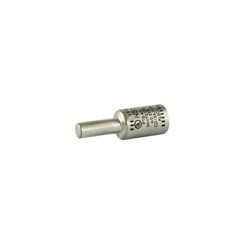 Solid Pin Terminal for Copper and Aluminum Conductors 4/0 AWG All-aluminum Pin Terminals is designed for termination of both aluminum and copper conductors. The solid pin is made of aluminum and is tin-plated and pre-filled with oxide inhibitor. A cover is provided for quick installation. Rated 600 Volts.