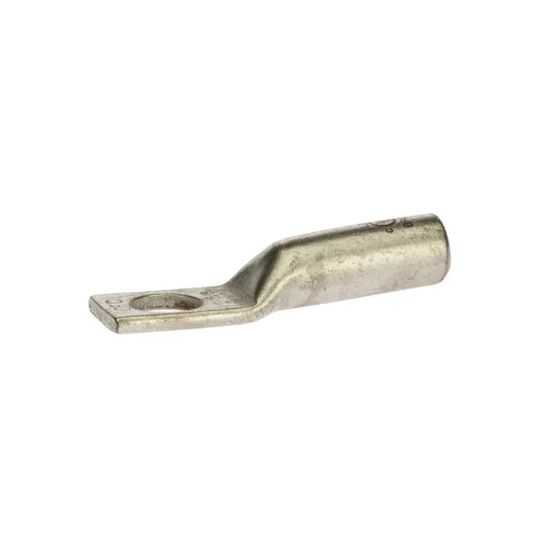 1 Hole Long Barrel Copper Compression Lug 2 AWG - 3/8" Bolt Long Barrel Copper Compression Lugs are produced from high conductivity copper tubing. They are tin-plated to provide corrosion low contact resistance. Marked with die index and color coded for easy reference. Listed for 35KV maximum when properly installed and to cable manufacturer instructions. Temperature rating 90 degrees C. .