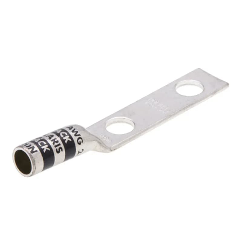 NSI Industries L20N - 2 Hole Long Barrel Copper Compression Lug 2/0 AWG - 1/2" Bolt Long Barrel Copper Compression Lugs are produced from high conductivity copper tubing. Allows easy inspection of the termination to assure complete cable insertion. Tin-plated to provide corrosion and low contact resistance. Marked with die index and color coded. Listed for 35KV maximum when properly installed. Rated 600V. cULus 486A/B Listed. UL467 Listed on sizes 6 AWG - 3/0 AWG. Temperature rating 90 degrees C.
