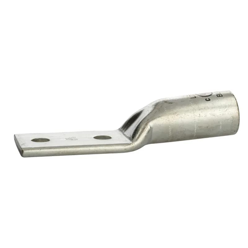 2 Hole Long Barrel Copper Compression Lug 750 MCM-1/2" Bolt - 1 3/4" Mounting Hole Spacing Long Barrel Copper Compression Lugs is a type of copper compression connector that is produced from high conductivity copper tubing. They are tin-plated to provide corrosion resistance and are marked with die index and color coded for easy reference. Listed for 35KV maximum when properly installed.