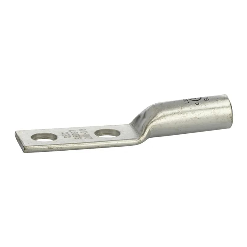 2 Hole Long Barrel Copper Compression Lug 2/0 AWG - 3/8" - 1" Mounting SpacingBolt Long Barrel Copper Compression Lugs are produced from high conductivity copper tubing. Allows easy inspection of the termination to assure complete cable insertion. Tin-plated to provide corrosion and low contact resistance. Marked with die index and color coded. Listed for 35KV maximum when properly installed. Rated 600V. cULus 486A/B Listed. UL467 Listed on sizes 6 AWG - 3/0 AWG. Temperature rating 90 degrees C.
