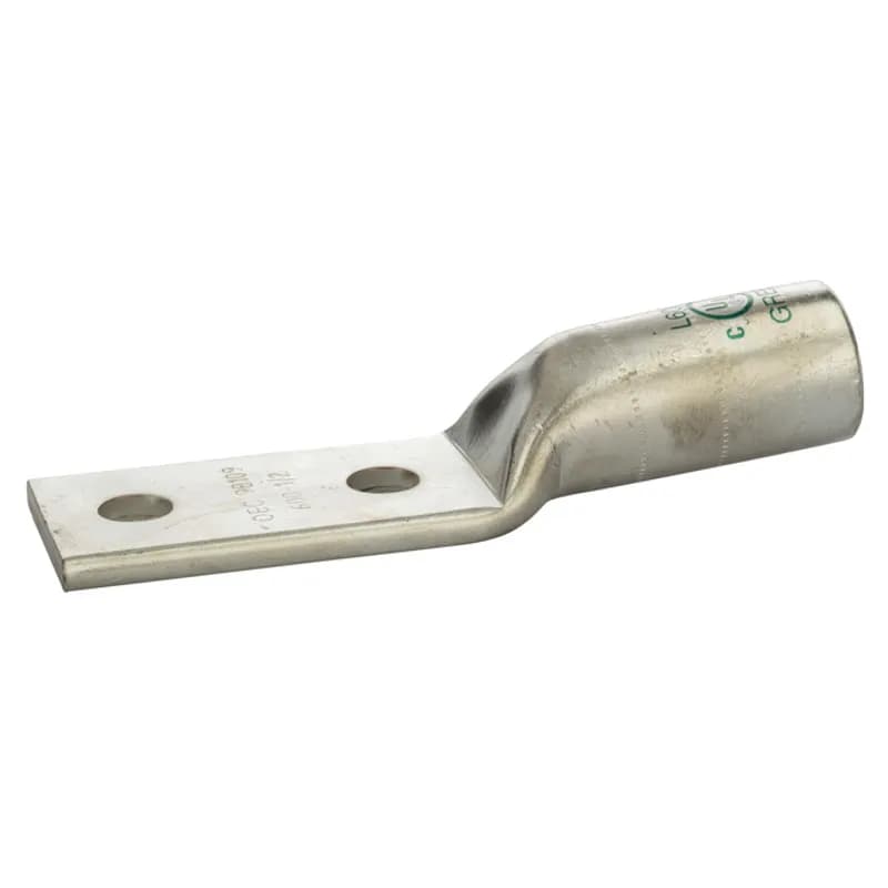 2Hole Long Barrel Copper Compression Lug600 MCM-1/2" Bolt Long Barrel Copper Compression Lugs is a type of copper compression connector that is produced from high conductivity copper tubing. They are tin-plated to provide corrosion resistance and are marked with die index and color coded for easy reference. Listed for 35KV maximum when properly installed.