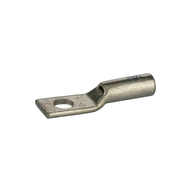Short Barrel Copper Lug, one hole with peep hole, wire range of 6 AWG. Produced from high conductivity copper tubing. Allows easy inspection of the termination to assure complete cable insertion. Marked with die index and color coded blue. cULus Listed for 35KV maximum when properly installed.