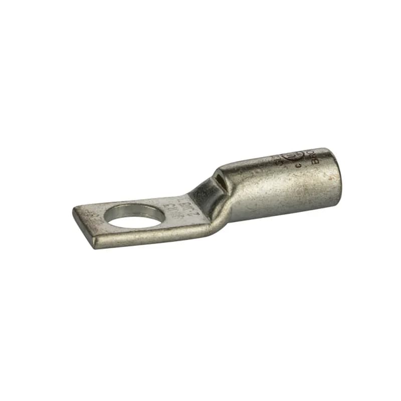 1 HoleShort Barrel Copper Compression Lug w/ PeepHole2 AWG-3/8" Bolt Short Barrel Copper Compression Lugs with PeepHoleis a type of copper compression connector that is produced from high conductivity copper tubing. They are tin-plated to provide corrosion resistance and are marked with die index and color coded for easy reference. Listed for 35KV maximum when properly installed.
