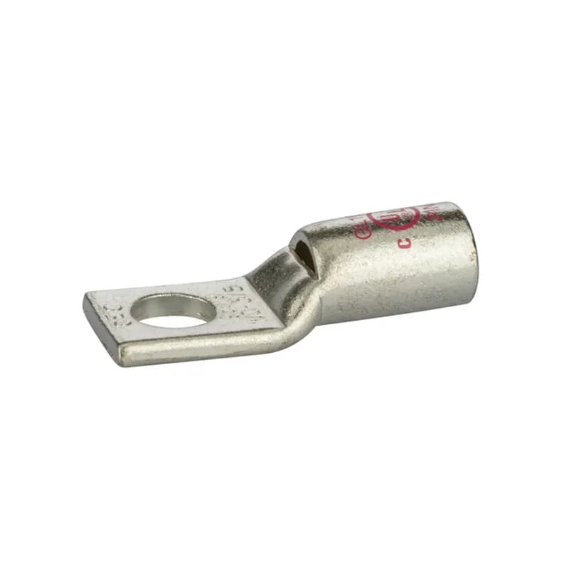1 Hole Short Barrel Copper Compression Lug w/ Peep Hole 1/0 AWG - 3/8" Bolt Short Barrel Copper Compression Lugs with Peep Hole is a type of copper compression connector that is produced from high conductivity copper tubing. They are tin-plated to provide corrosion resistance and are marked with die index and color coded for easy reference. Listed for 35KV maximum when properly installed.