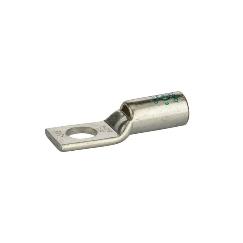 1 HoleShort Barrel Copper Compression Lug w/ PeepHole1 AWG-3/8" Bolt Short Barrel Copper Compression Lugs with PeepHoleis a type of copper compression connector that is produced from high conductivity copper tubing. They are tin-plated to provide corrosion resistance and are marked with die index and color coded for easy reference. Listed for 35KV maximum when properly installed.