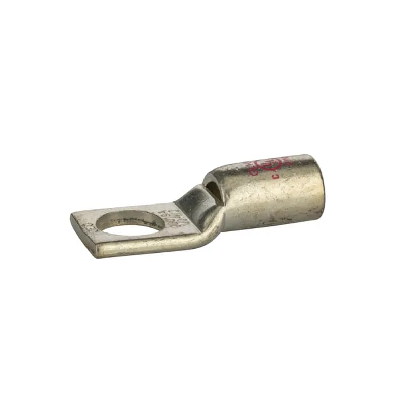 1 Hole Short Barrel Copper Compression Lug w/ Peep Hole 1/0 AWG - 1/2" Bolt Short Barrel Copper Compression Lugs with Peep Hole is a type of copper compression connector that is produced from high conductivity copper tubing. They are tin-plated to provide corrosion resistance and are marked with die index and color coded for easy reference. Listed for 35KV maximum when properly installed.