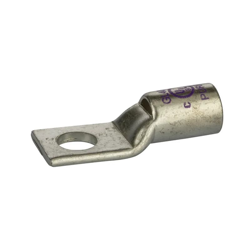 1 Hole Short Barrel Copper Compression Lug w/ Peep Hole 4/0 AWG - 1/2" Bolt Short Barrel Copper Compression Lugs with Peep Hole is a type of copper compression connector that is produced from high conductivity copper tubing. They are tin-plated to provide corrosion resistance and are marked with die index and color coded for easy reference. Listed for 35KV maximum when properly installed.