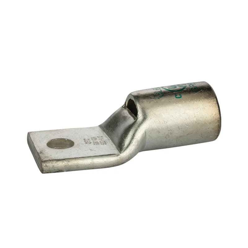 1 HoleShort Barrel Copper Compression Lug w/ PeepHole600MCM-1/2" Bolt Short Barrel Copper Compression Lugs with PeepHoleis a type of copper compression connector that is produced from high conductivity copper tubing. They are tin-plated to provide corrosion resistance and are marked with die index and color coded for easy reference. Listed for 35KV maximum when properly installed.