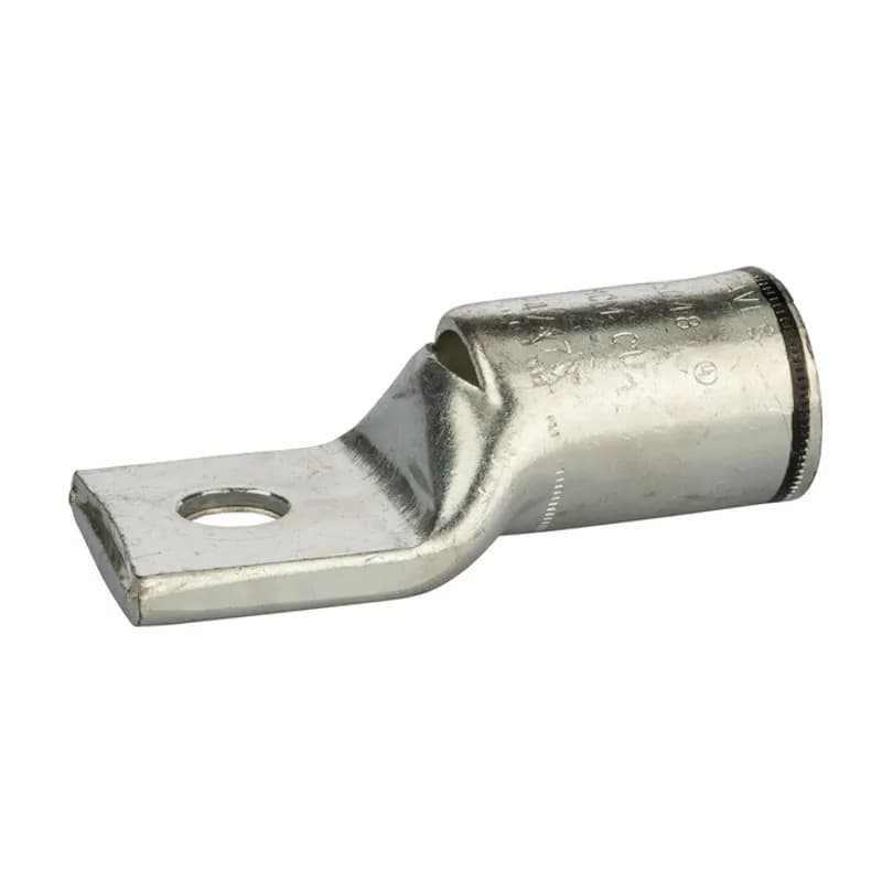 1 Hole Short Barrel Copper Compression Lug w/ Peep Hole 750 MCM - 1/2" Bolt Short Barrel Copper Compression Lugs with Peep Hole is a type of copper compression connector that is produced from high conductivity copper tubing. They are tin-plated to provide corrosion resistance and are marked with die index and color coded for easy reference. Listed for 35KV maximum when properly installed.