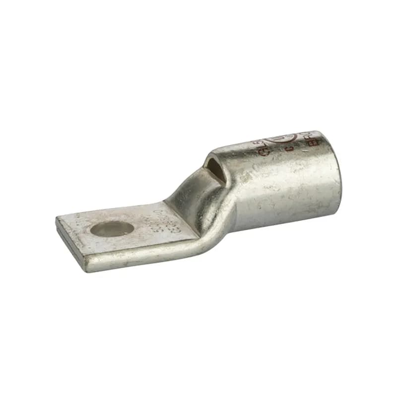 1 Hole Short Barrel Copper Compression Lug w/ Peep Hole 500 MCM - 1/2" Bolt Short Barrel Copper Compression Lugs with Peep Hole is a type of copper compression connector that is produced from high conductivity copper tubing. They are tin-plated to provide corrosion resistance and are marked with die index and color coded for easy reference. Listed for 35KV maximum when properly installed.
