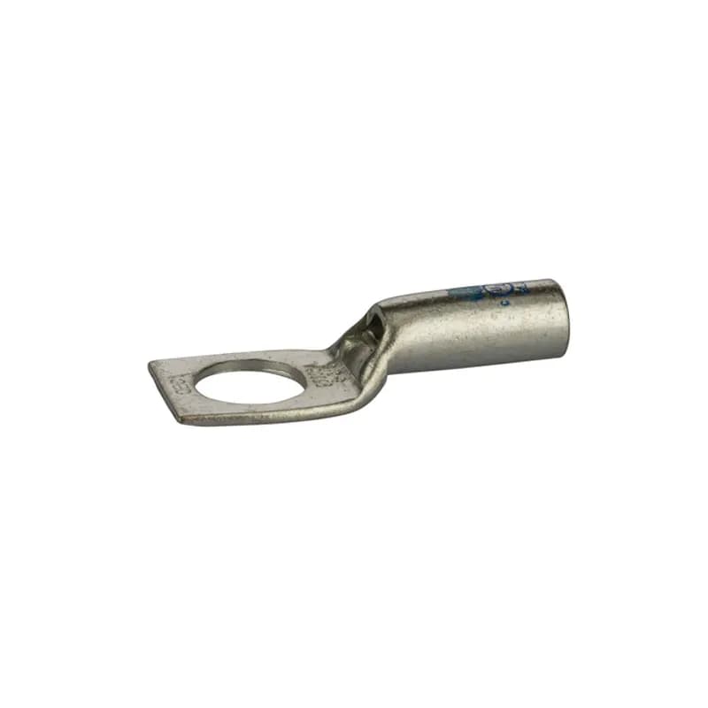 1 HoleShort Barrel Copper Compression Lug w/ PeepHole6 AWG-3/8" Bolt Short Barrel Copper Compression Lugs with PeepHoleis a type of copper compression connector that is produced from high conductivity copper tubing. They are tin-plated to provide corrosion resistance and are marked with die index and color coded for easy reference. Listed for 35KV maximum when properly installed.