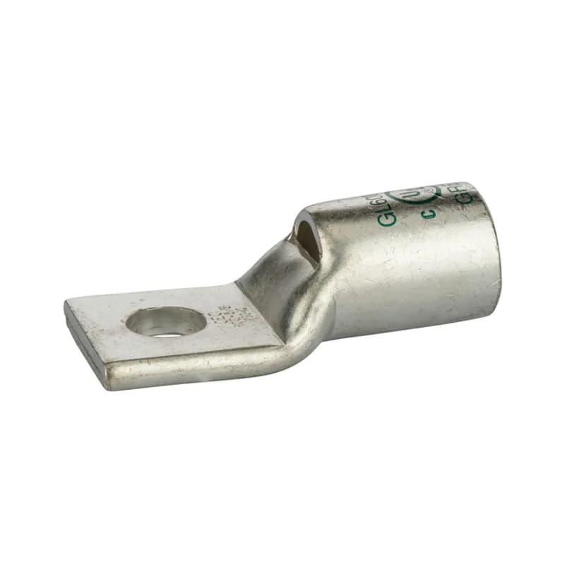 1 Hole Short Barrel Copper Compression Lug w/ Peep Hole 600 MCM - 5/8" Bolt Short Barrel Copper Compression Lugs with Peep Hole is a type of copper compression connector that is produced from high conductivity copper tubing. They are tin-plated to provide corrosion resistance and are marked with die index and color coded for easy reference. Listed for 35KV maximum when properly installed.