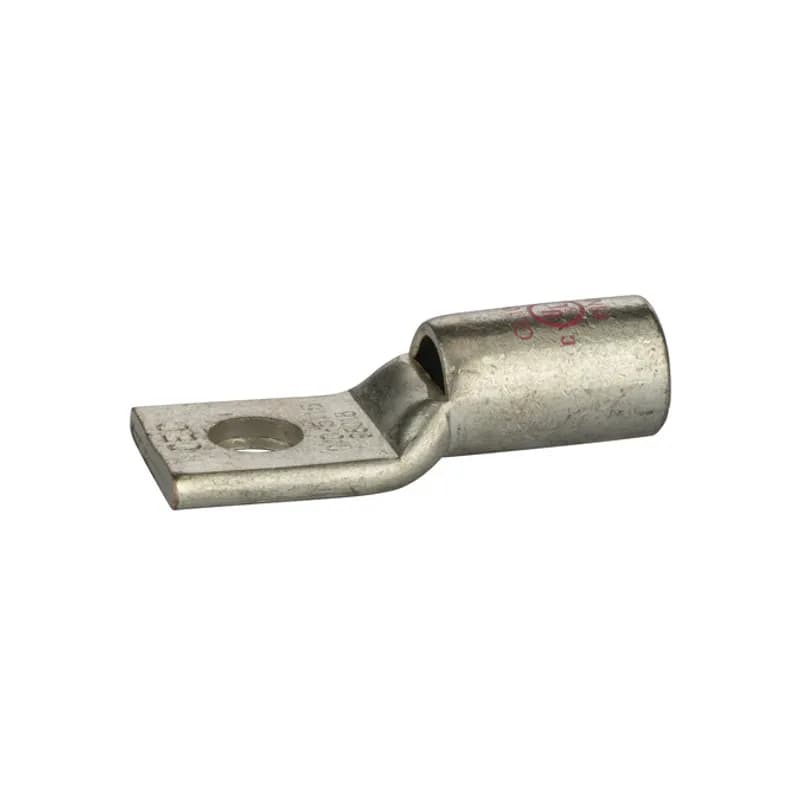 1 Hole Short Barrel Copper Compression Lug w/ Peep Hole 1/0 AWG - 5/16" Bolt Short Barrel Copper Compression Lugs with Peep Hole is a type of copper compression connector that is produced from high conductivity copper tubing. They are tin-plated to provide corrosion resistance and are marked with die index and color coded for easy reference. Listed for 35KV maximum when properly installed.