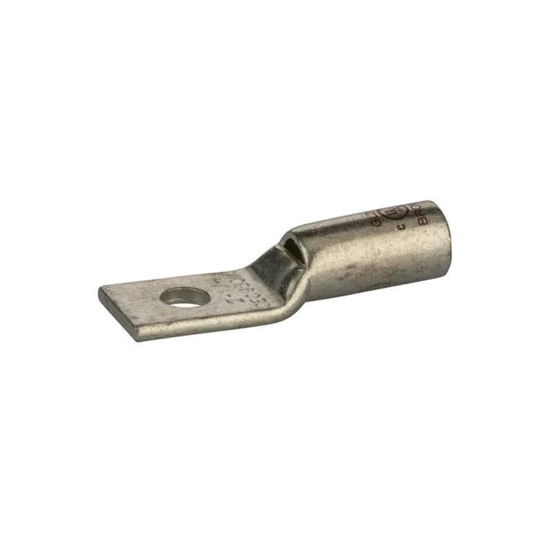1 HoleShort Barrel Copper Compression Lug w/ PeepHole2 AWG-1/4" Bolt Short Barrel Copper Compression Lugs with PeepHoleis a type of copper compression connector that is produced from high conductivity copper tubing. They are tin-plated to provide corrosion resistance and are marked with die index and color coded for easy reference. Listed for 35KV maximum when properly installed.