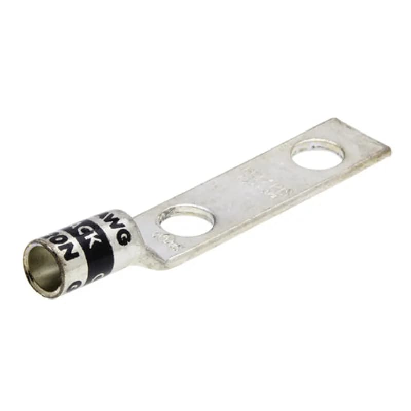 2 Hole Short Barrel Copper Compression Lug w/ Peep Hole 2/0 AWG - 1/2" Bolt Short Barrel Copper Compression Lugs with Peep Hole is a type of copper compression connector that is produced from high conductivity copper tubing. They are tin-plated to provide corrosion resistance and are marked with die index and color coded for easy reference. Listed for 35KV maximum when properly installed.