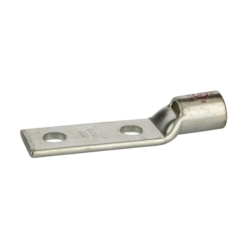 2 Hole Short Barrel Copper Compression Lug w/ Peep Hole 350 MCM - 1/2" Bolt Short Barrel Copper Compression Lugs with Peep Hole is a type of copper compression connector that is produced from high conductivity copper tubing. They are tin-plated to provide corrosion resistance and are marked with die index and color coded for easy reference. Listed for 35KV maximum when properly installed.