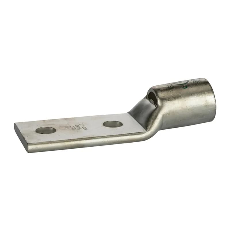2 Hole Short Barrel Copper Compression Lug w/ Peep Hole 600 MCM - 1/2" Bolt Short Barrel Copper Compression Lugs with Peep Hole is a type of copper compression connector that is produced from high conductivity copper tubing. They are tin-plated to provide corrosion resistance and are marked with die index and color coded for easy reference. Listed for 35KV maximum when properly installed.