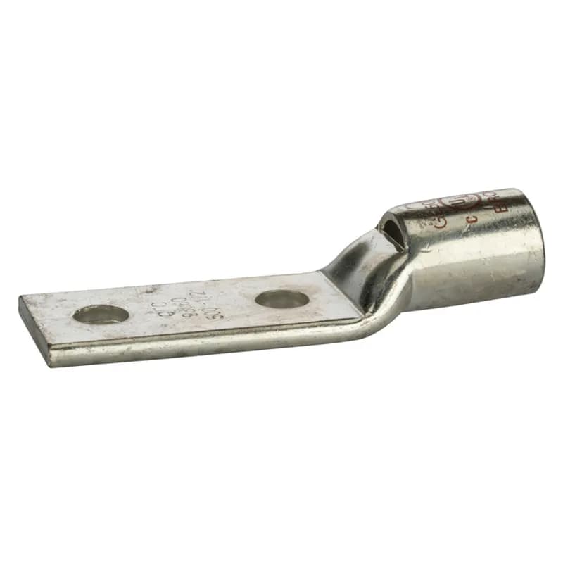 2 Hole Short Barrel Copper Compression Lug w/ Peep Hole 500 MCM - 1/2" Bolt Short Barrel Copper Compression Lugs with Peep Hole is a type of copper compression connector that is produced from high conductivity copper tubing. They are tin-plated to provide corrosion resistance and are marked with die index and color coded for easy reference. Listed for 35KV maximum when properly installed.