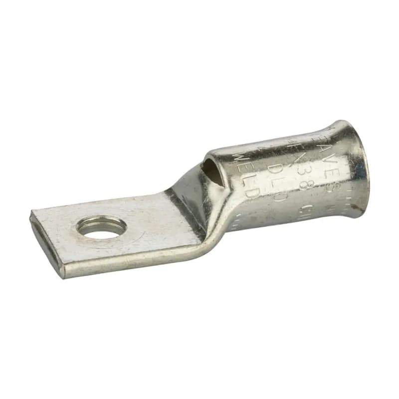 1 Hole Short Barrel Copper Compression Lug w/ Peep Hole 250 MCM - 3/8" Bolt Short Barrel-Belled End Copper Compression Lugs with Peep Hole is a type of copper compression connector that is produced from high conductivity copper tubing. They are tin-plated to provide corrosion resistance and are marked with die index and color coded for easy reference. Listed for 35KV maximum when properly installed.
